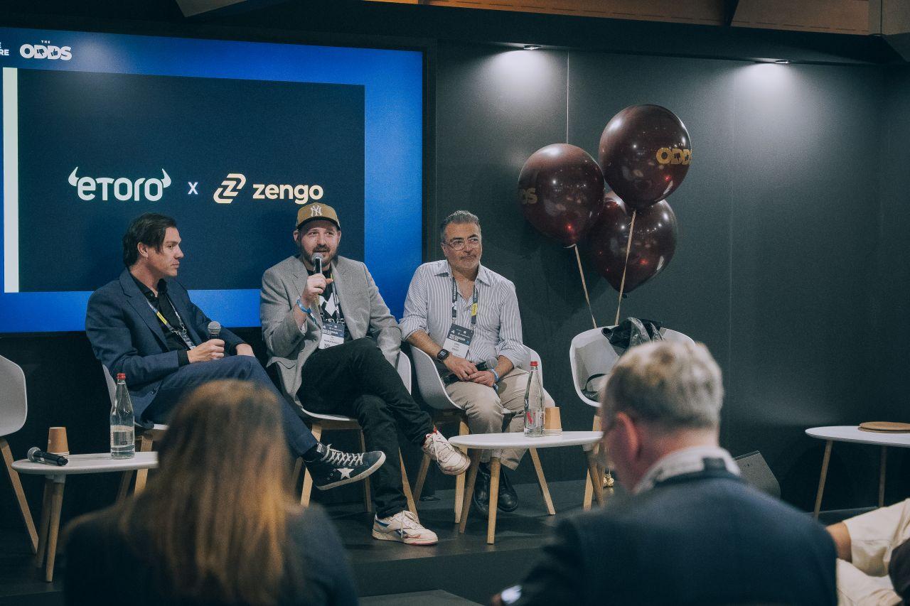 Yoni Assia (eToro) and Ouriel Ohayon (Zengo) on the MORE & MORE stage at The Odds, Paris Blockchain Week, in a fireside chat moderated by Itay Elitzur (MarketAcross)