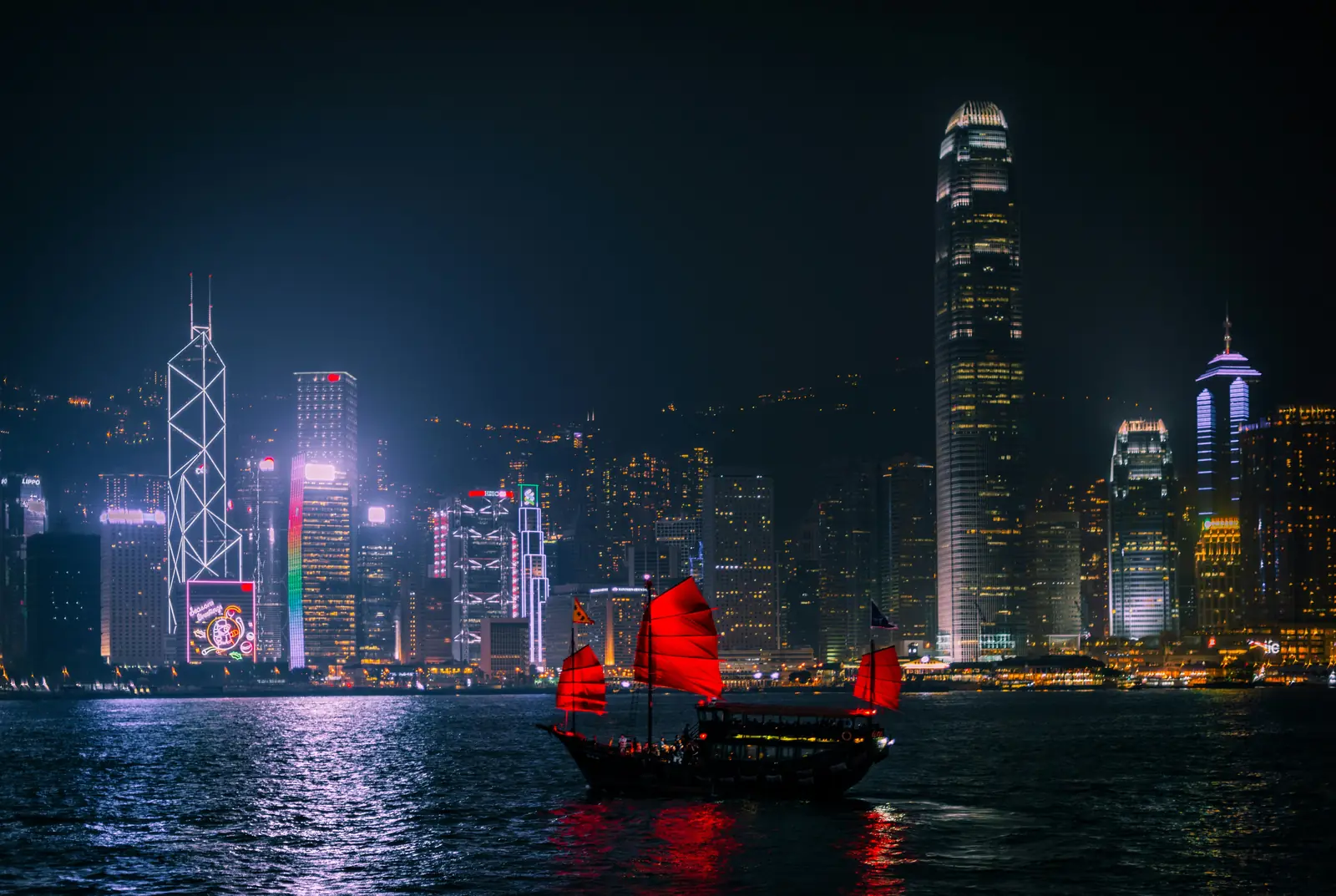 Victoria Harbour at night, a red-sailed junk in front of the Hong Kong skyline