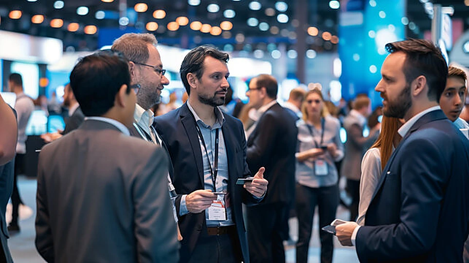 Senior delegates in conversation on the floor of a finance conference